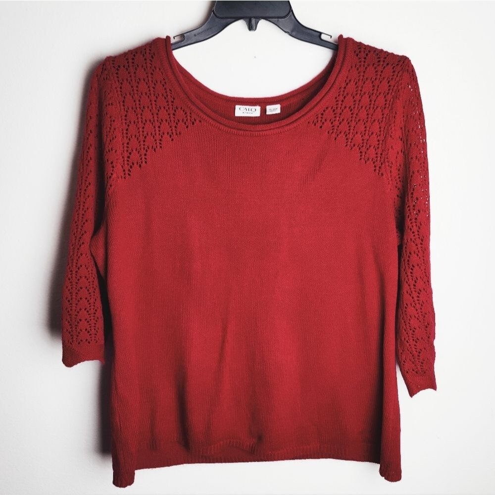 Cato Woman Red Scoop Roll Neck Pullover Sweater Crochet 3/4 Sleeves, 18/20W